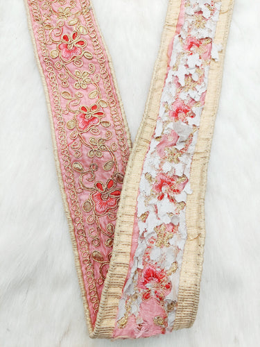 Pink Art Silk Trim In Gold, Red and Pink Floral Embroidery, Embroidered Flowers Border
